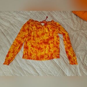 Jones New York top orange yellow flame  blouse romantic like Renaissance M Boho